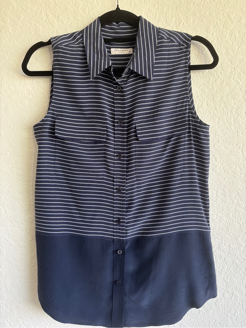 Equipment Silk Sleeveless Blouse Small Navy Blue & White Striped Tank Like New